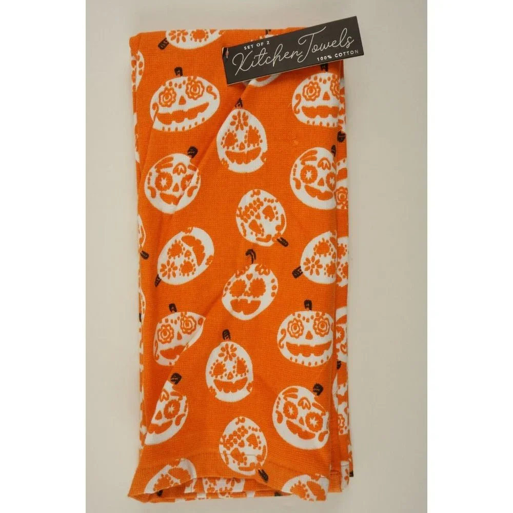 New Set of Two Pumpkin Print Fall Halloween Kitchen Towels Orange Cotton‎ Terry